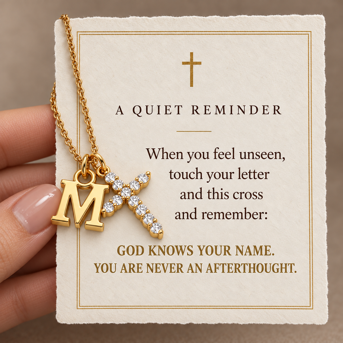 Known by Name devotional message card for Initial Grace Cross Necklace