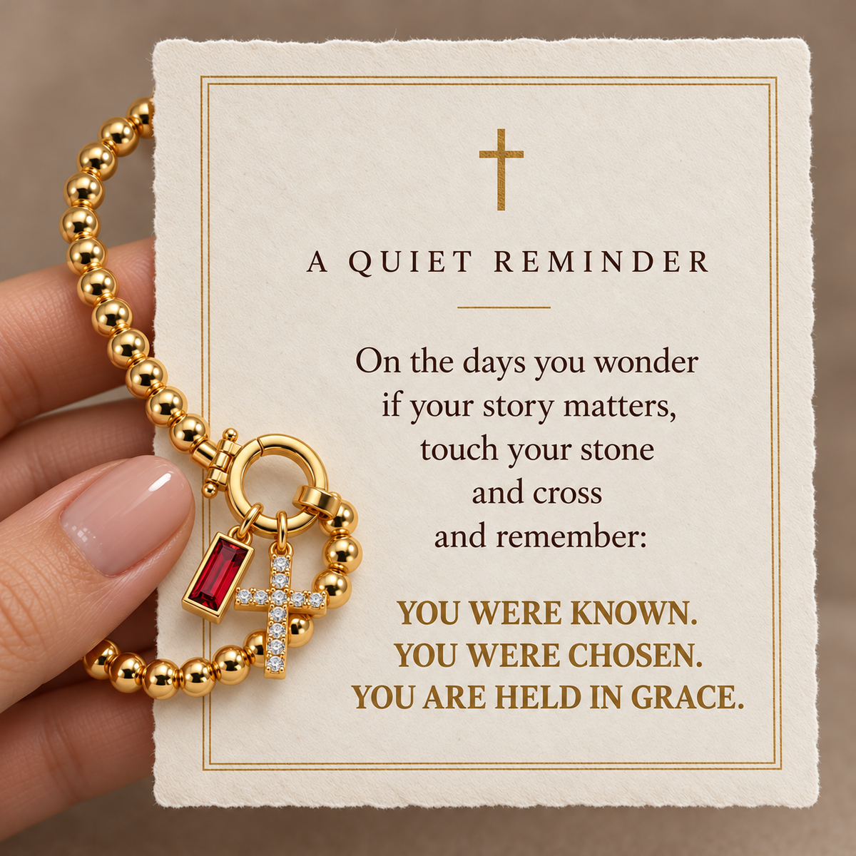 Known From the Beginning devotional message card for Blessed Birthstone Cross Bracelet