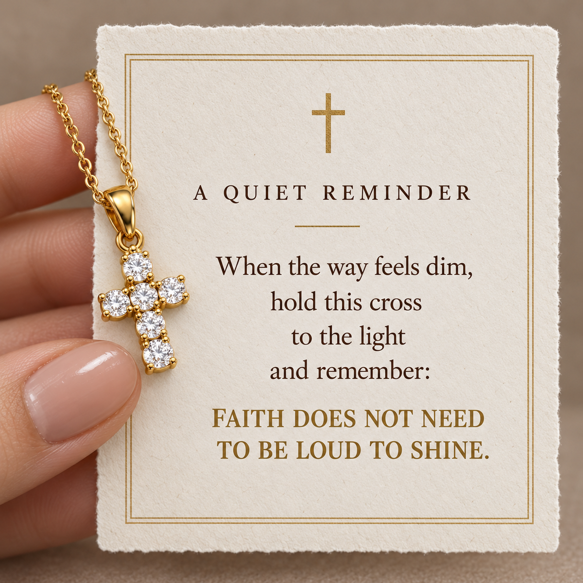 Quiet Light Crystal Cross Necklace with Catholic-inspired devotional message card