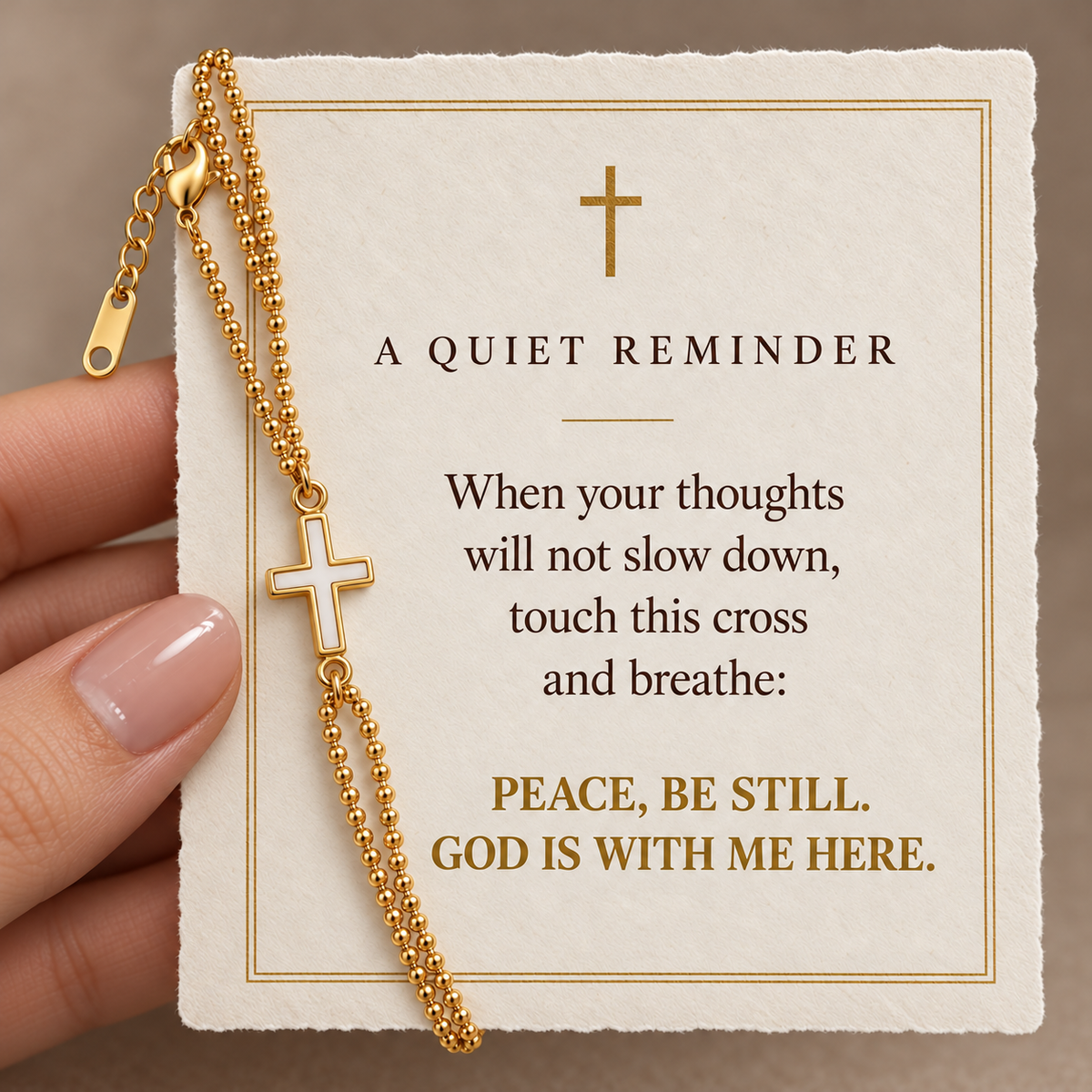 Peace Be Still devotional message card for Ivory Grace Cross Bracelet