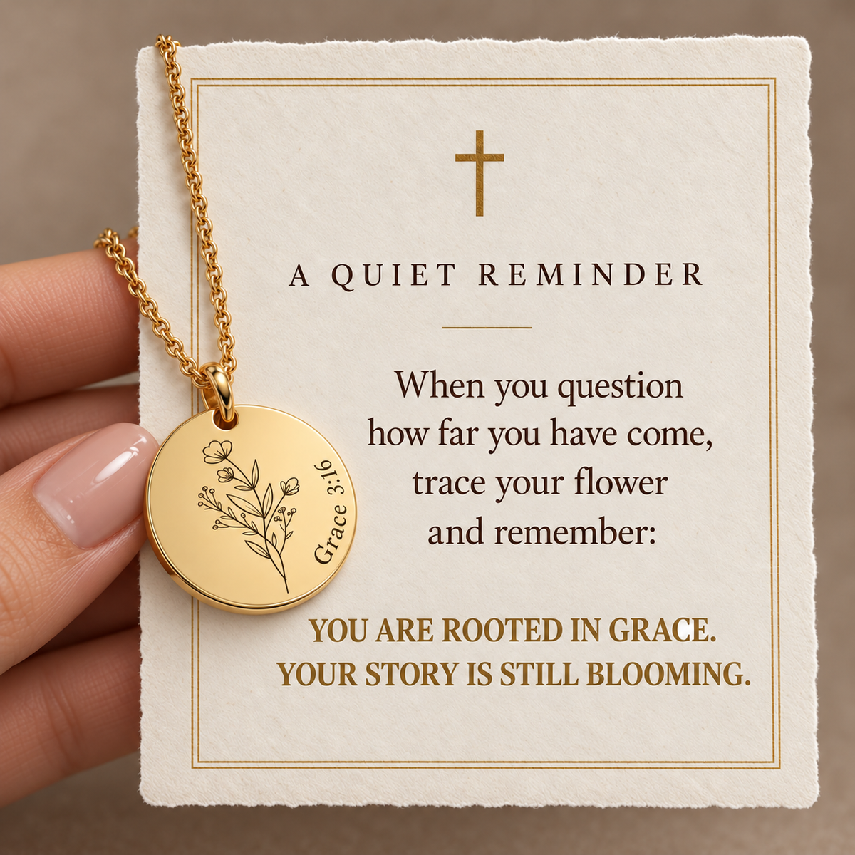 Rooted in Grace devotional message card for Birth Bloom Engraved Necklace