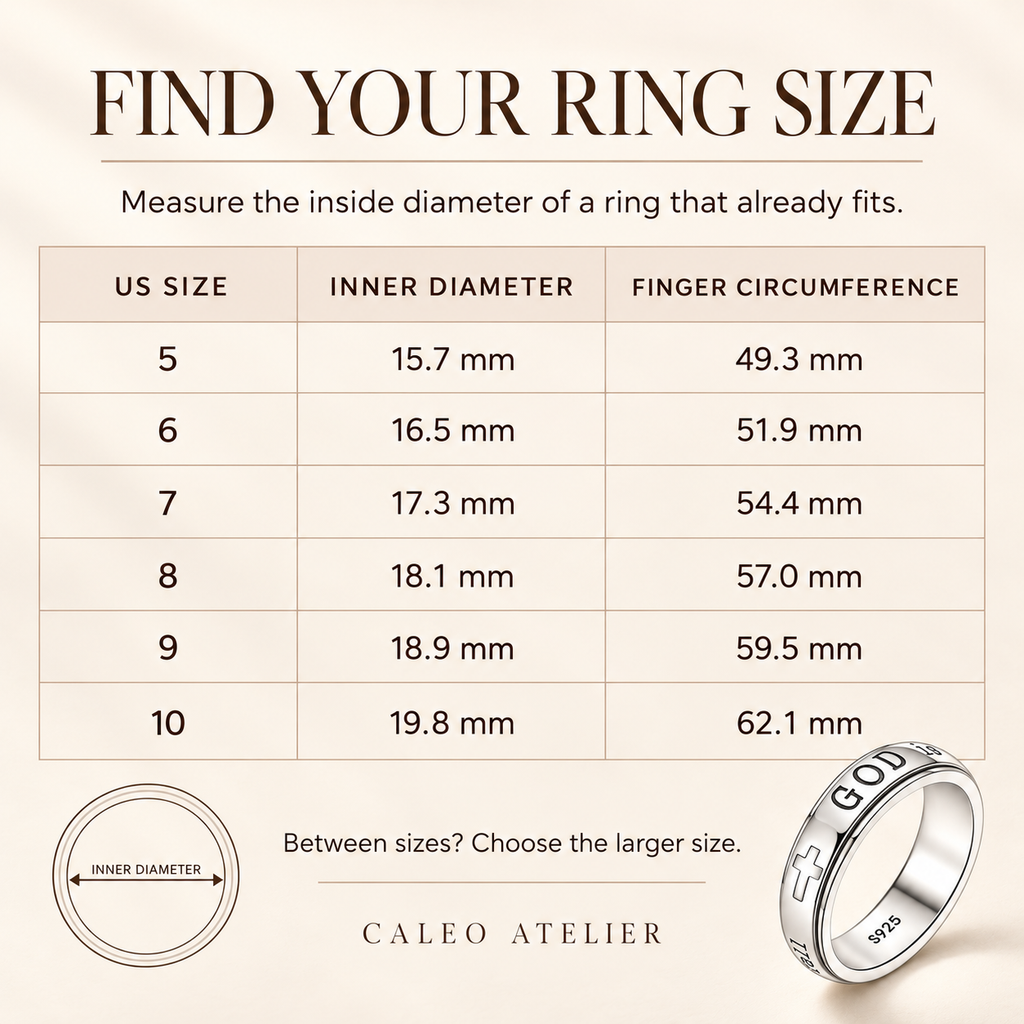 CALEO She Will Not Fall Ring size guide for US sizes 5 through 10