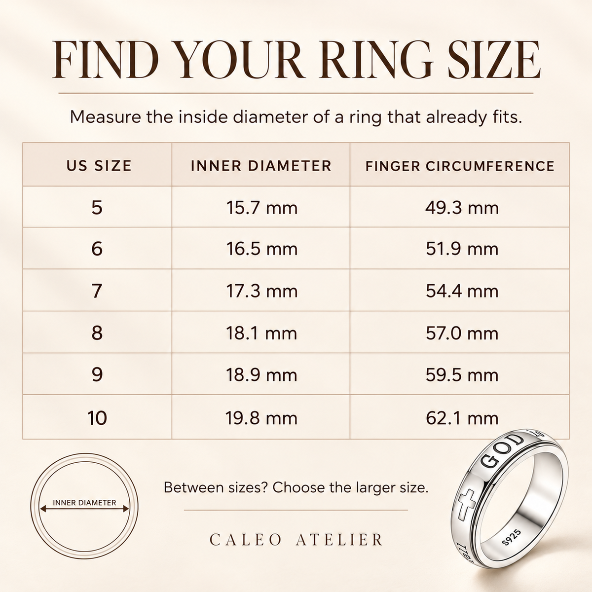 CALEO She Will Not Fall Ring size guide for US sizes 5 through 10