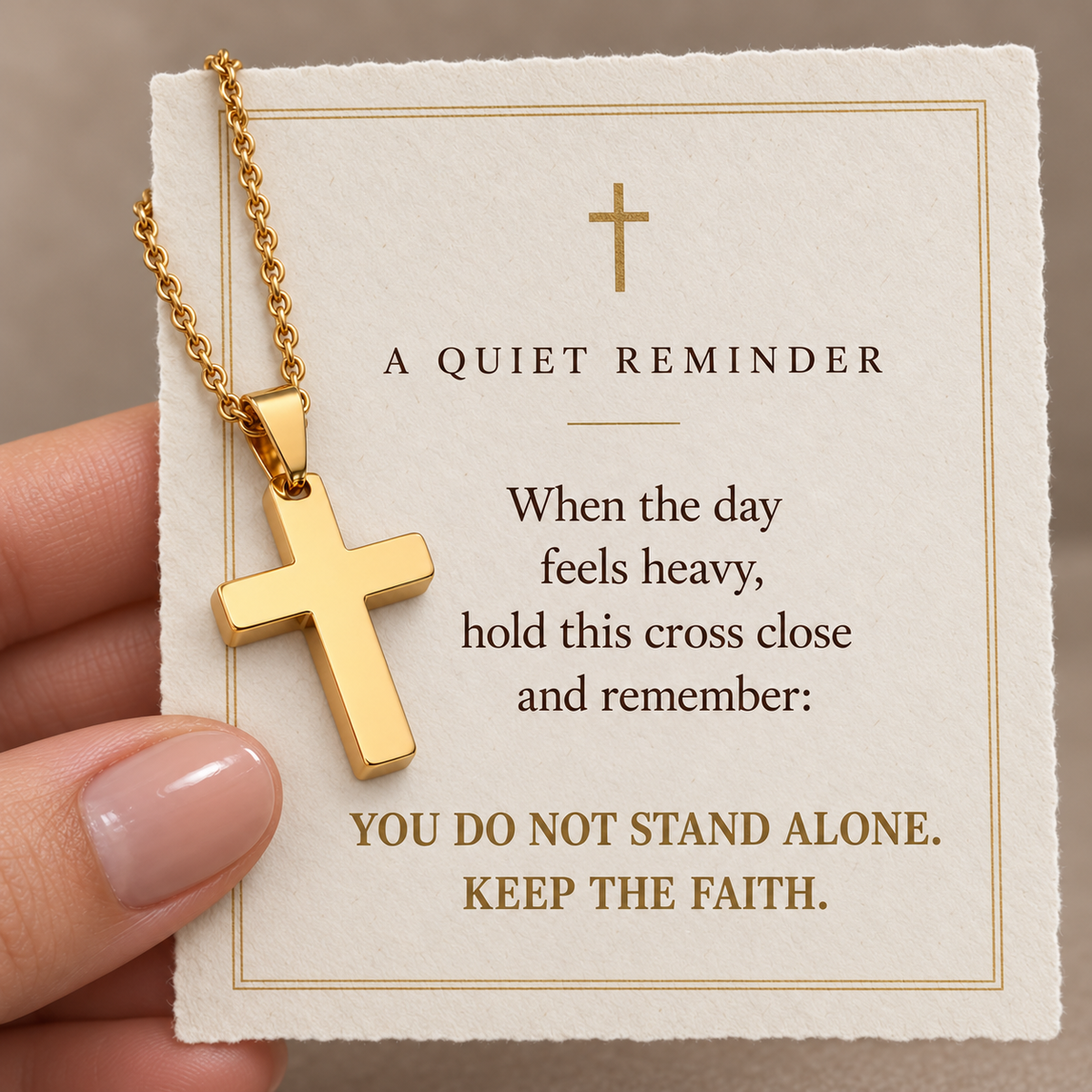 Steadfast Faith Cross Necklace with Catholic-inspired devotional message card