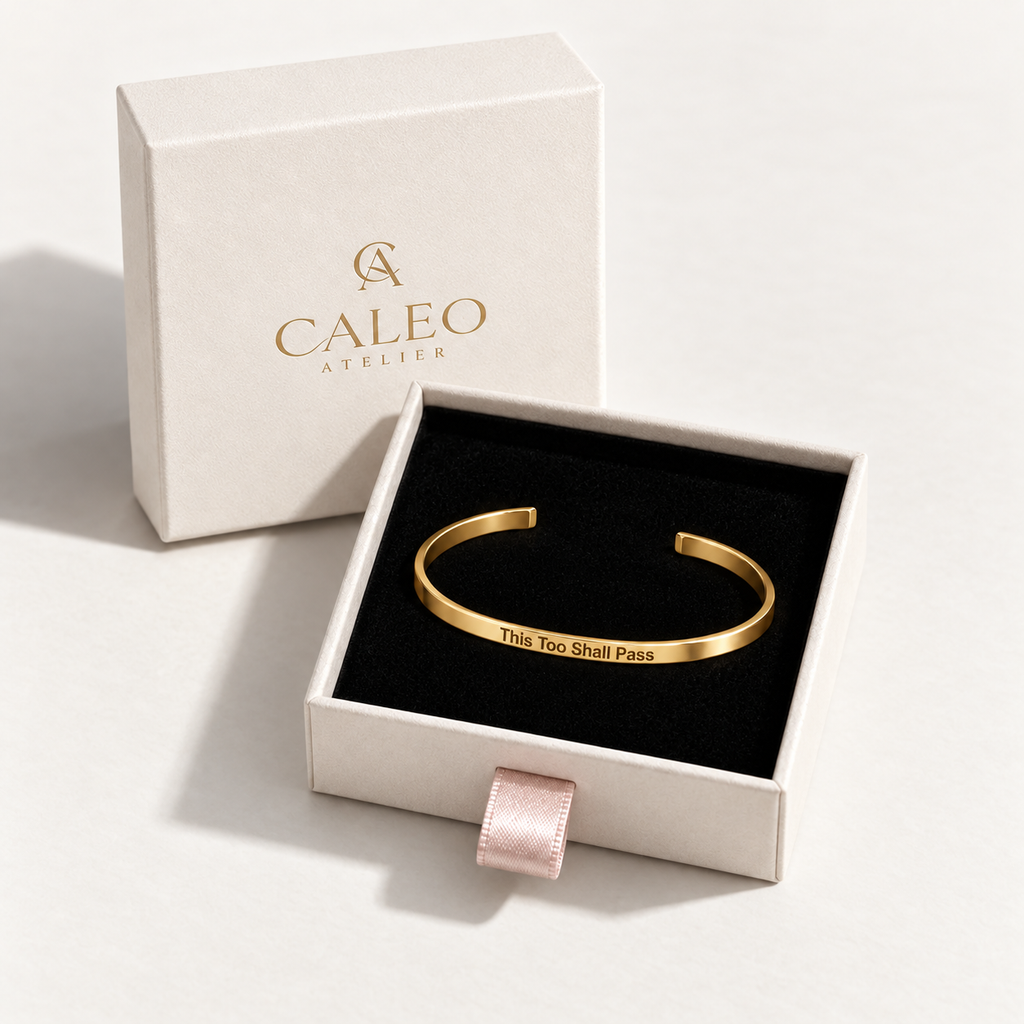 This Too Shall Pass slim gold cuff presented in a CALEO ATELIER gift box
