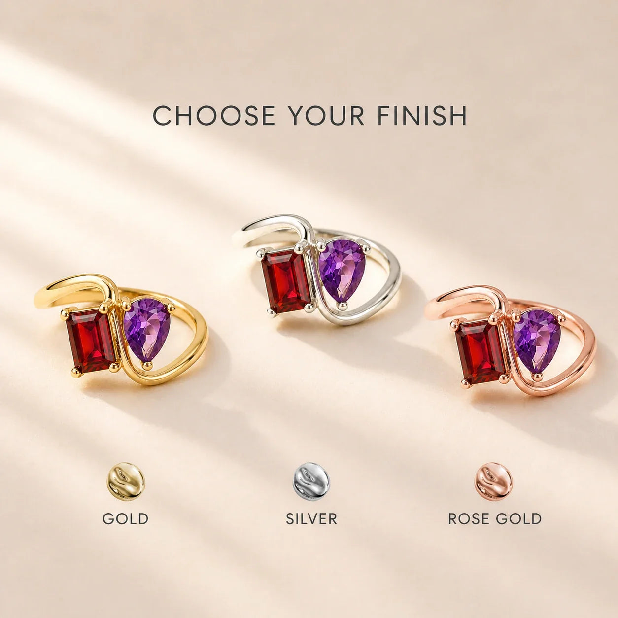 Two birthstone ring in Gold, Silver and Rose Gold materials