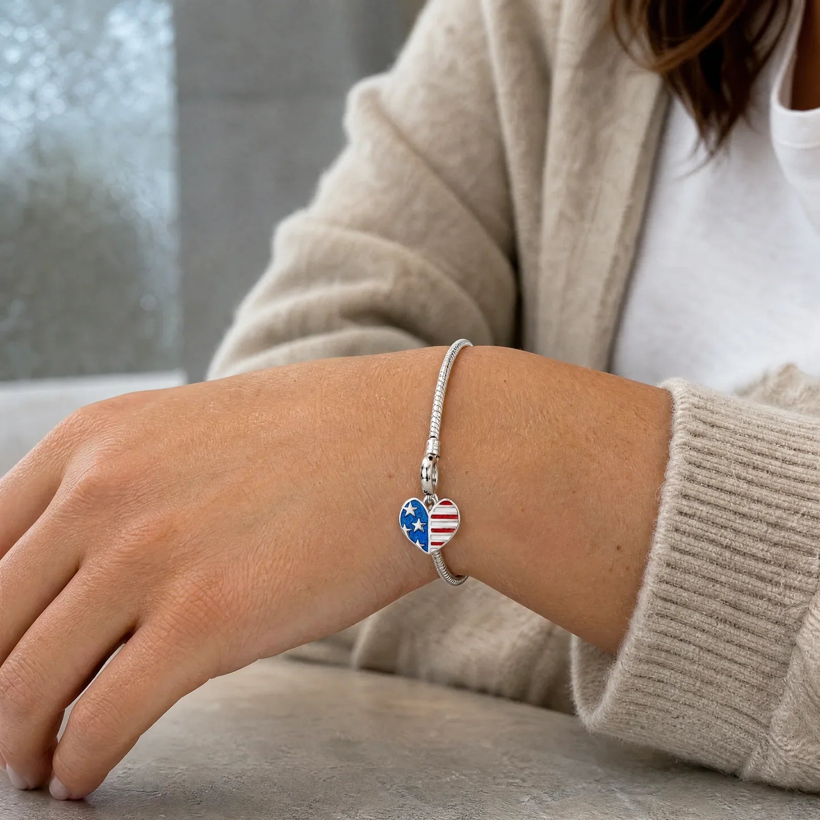 USA Flag Heart Charm worn lifestyle