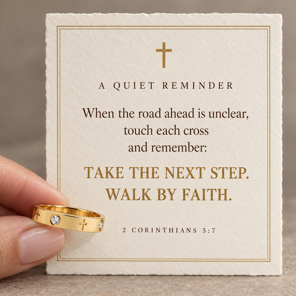 Luminous Cross Band Ring with Walk by Faith devotional message card