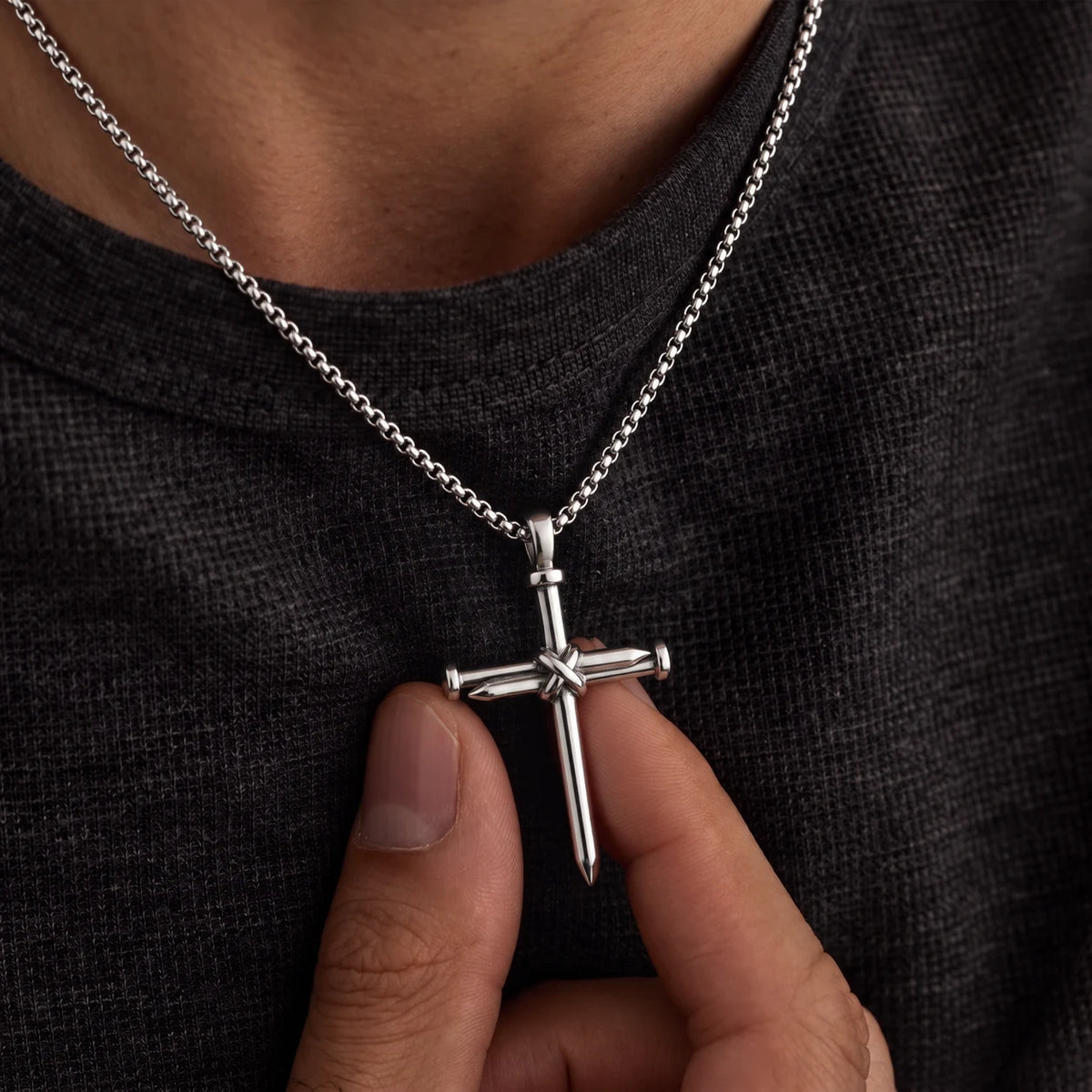 Calvary Nail Cross Necklace - calvary nail cross silver hand detail