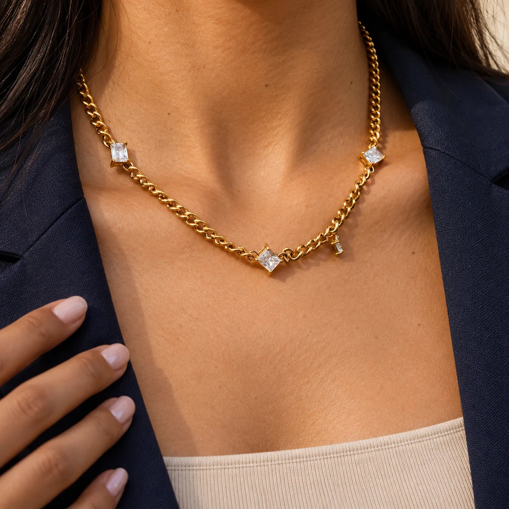 Celeste Crystal Station Necklace - lifestyle gold navy