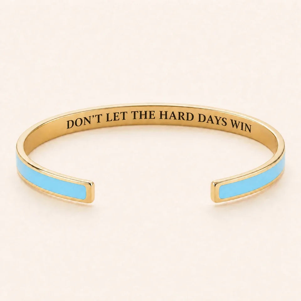 Don't Let The Hard Days Win cuff bracelet - Gold finish, Blue enamel, full quote