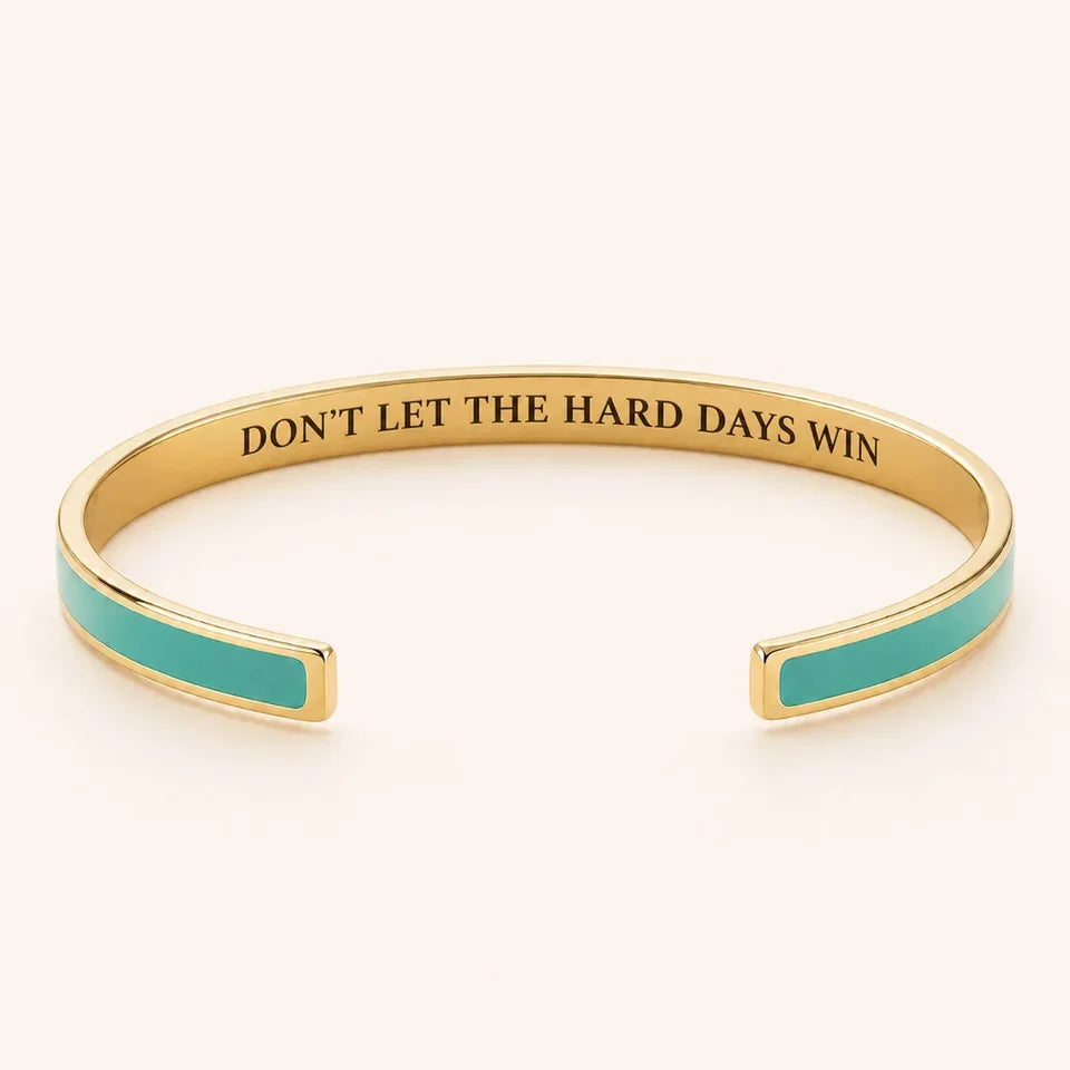 Don't Let The Hard Days Win cuff bracelet - Gold finish, Green enamel, full quote
