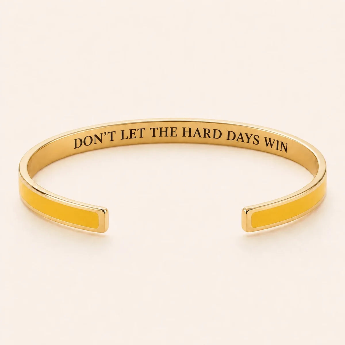 Don't Let The Hard Days Win cuff bracelet - Gold finish, Yellow enamel, full quote