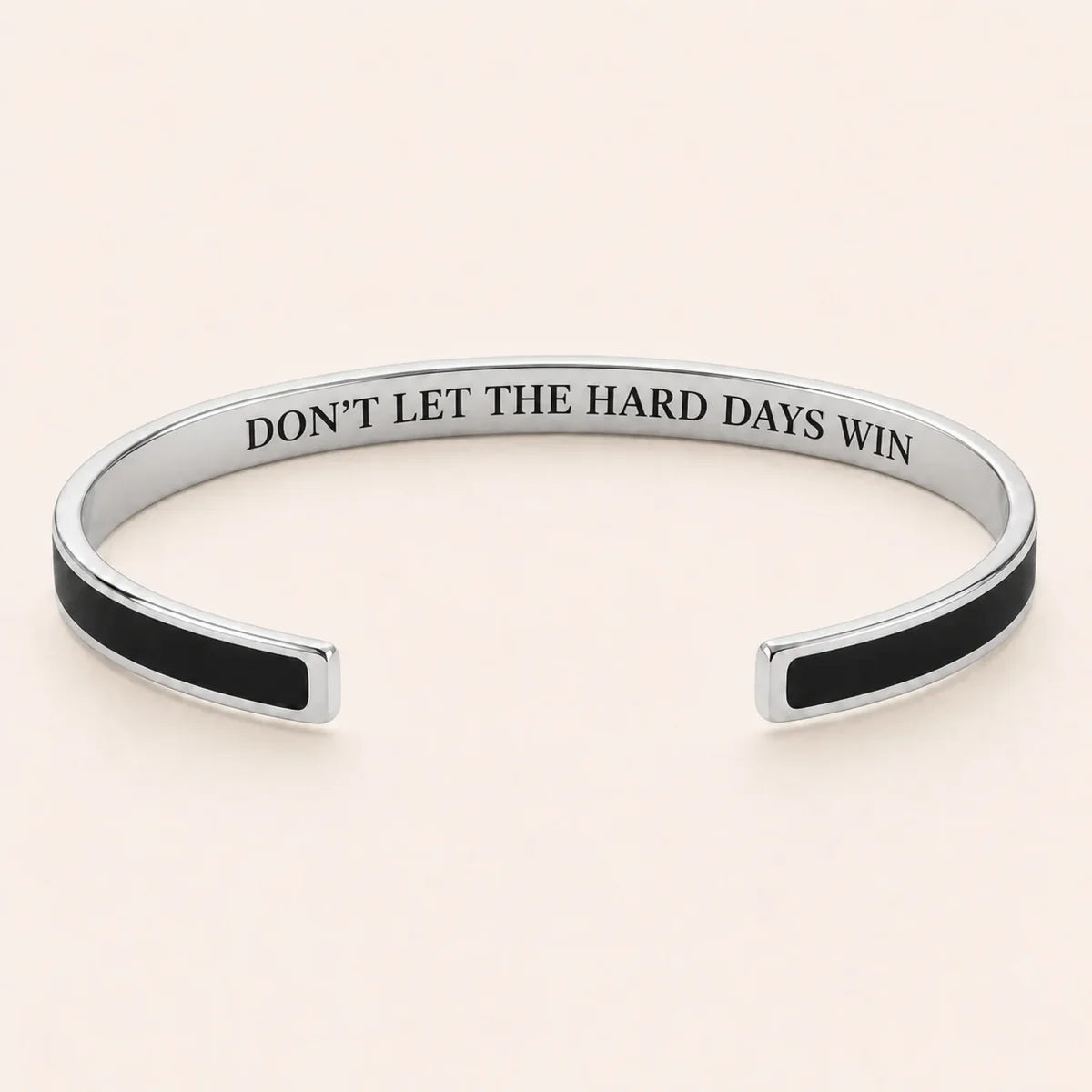 Don't Let The Hard Days Win cuff bracelet - Silver finish, Black enamel, full quote