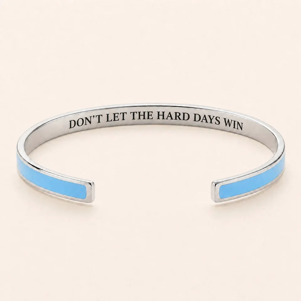 Don't Let The Hard Days Win cuff bracelet - Silver finish, Blue enamel, full quote