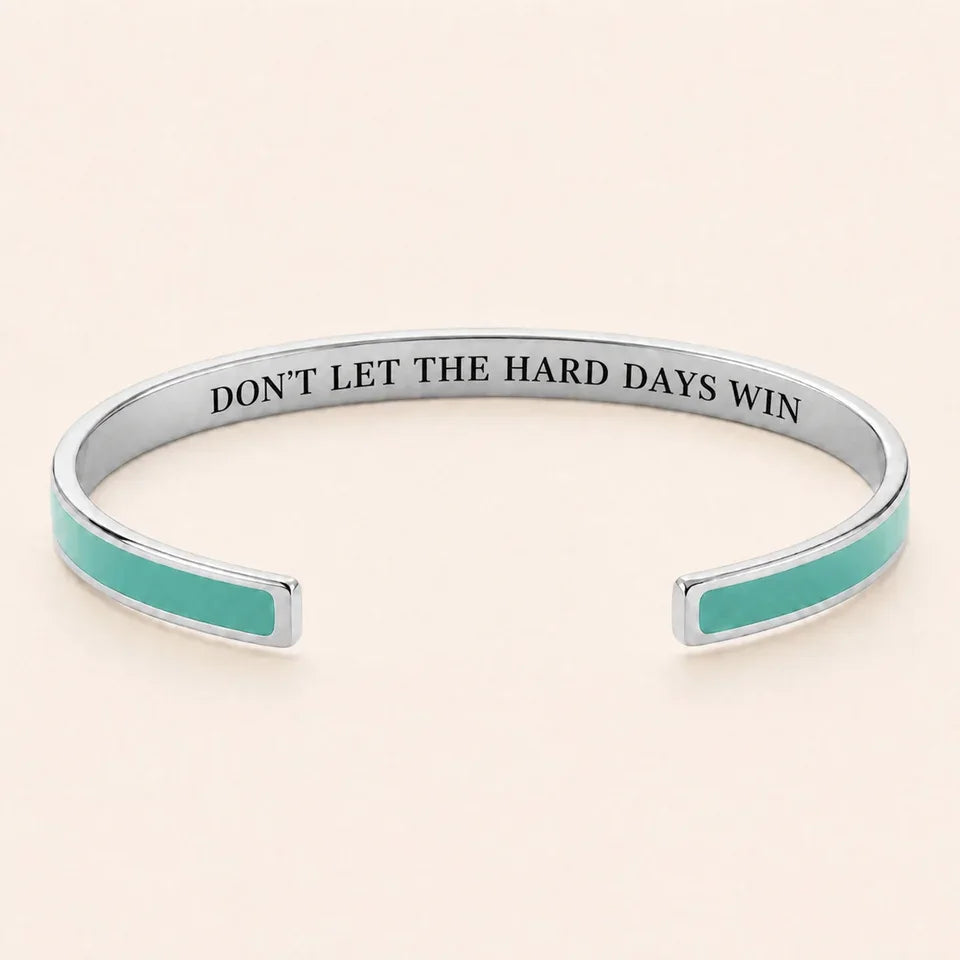 Don't Let The Hard Days Win cuff bracelet - Silver finish, Green enamel, full quote