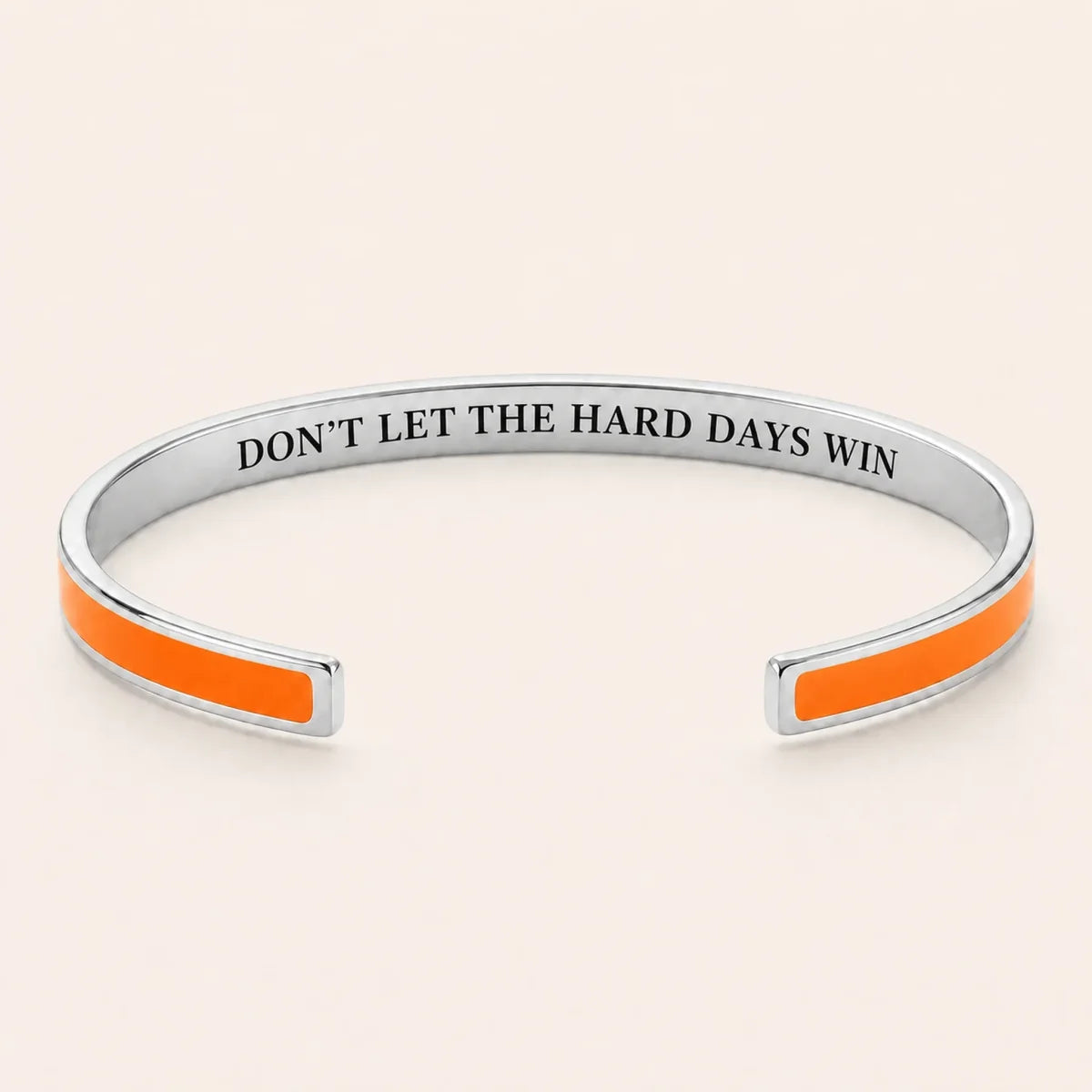 Don't Let The Hard Days Win cuff bracelet - Silver finish, Orange enamel, full quote