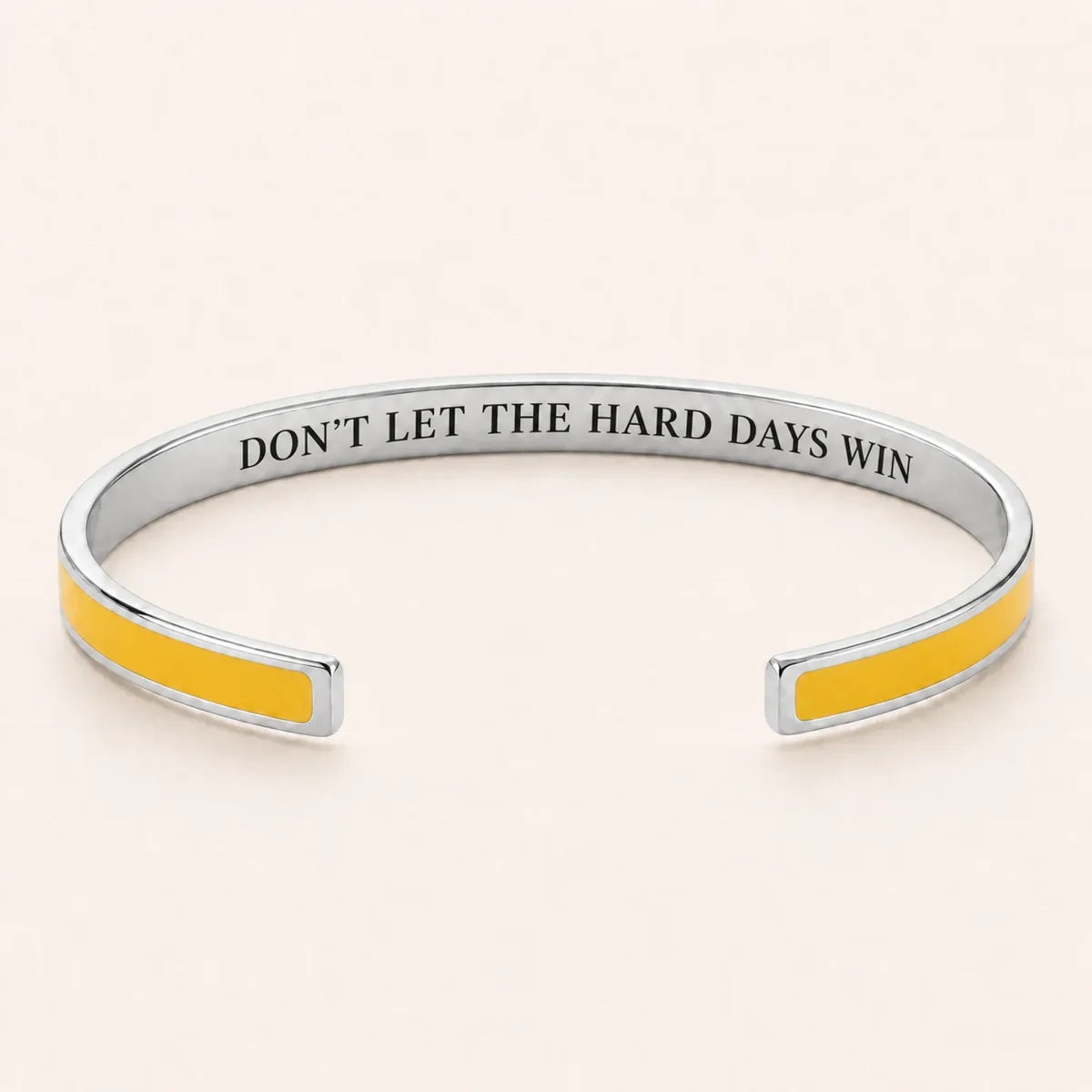 Don't Let The Hard Days Win cuff bracelet - Silver finish, Yellow enamel, full quote