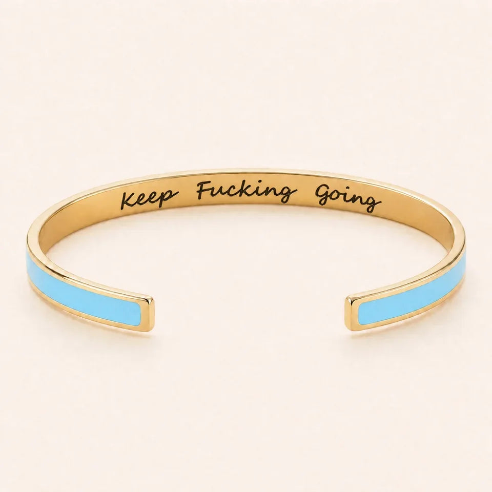 Keep Fucking Going cuff bracelet - Gold finish, Blue enamel, full quote