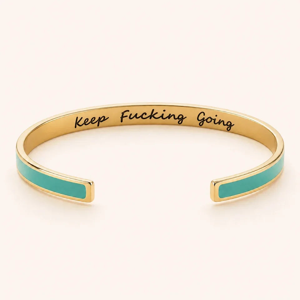 Keep Fucking Going cuff bracelet - Gold finish, Green enamel, full quote