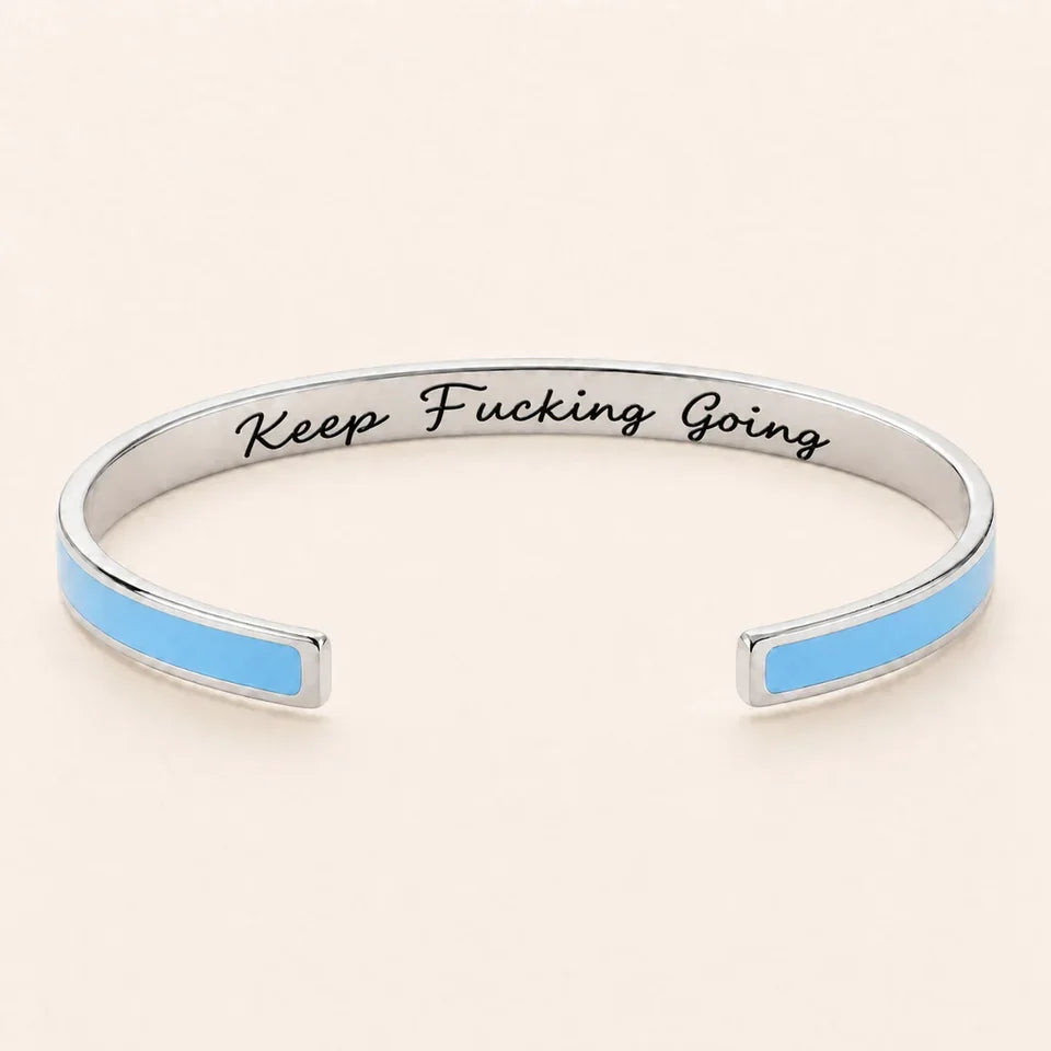 Keep Fucking Going cuff bracelet - Silver finish, Blue enamel, full quote