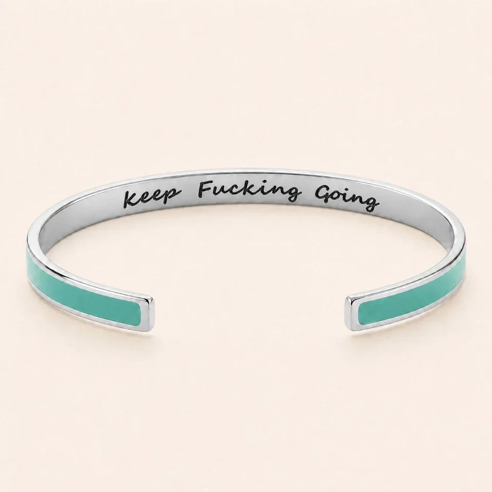 Keep Fucking Going cuff bracelet - Silver finish, Green enamel, full quote