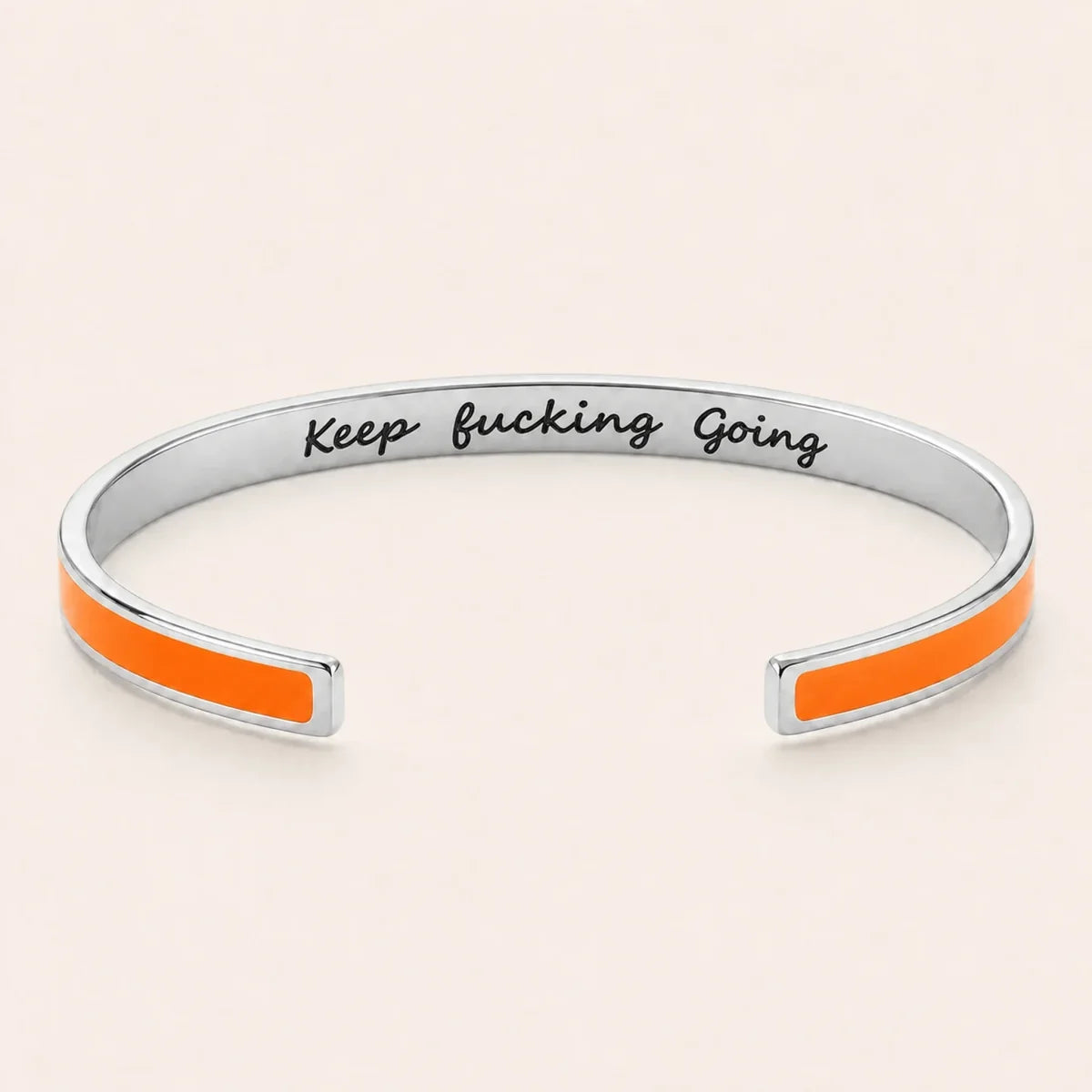 Keep Fucking Going cuff bracelet - Silver finish, Orange enamel, full quote