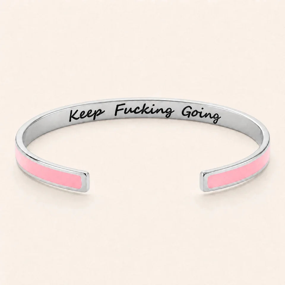 Keep Fucking Going cuff bracelet - Silver finish, Pink enamel, full quote