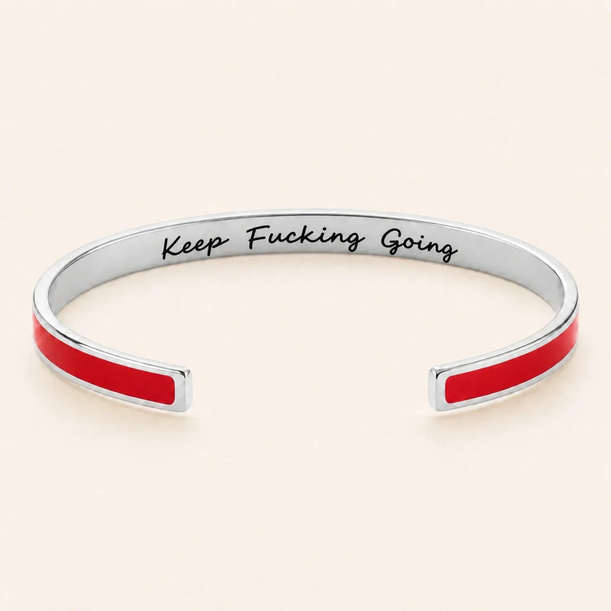 Keep Fucking Going cuff bracelet - Silver finish, Red enamel, full quote