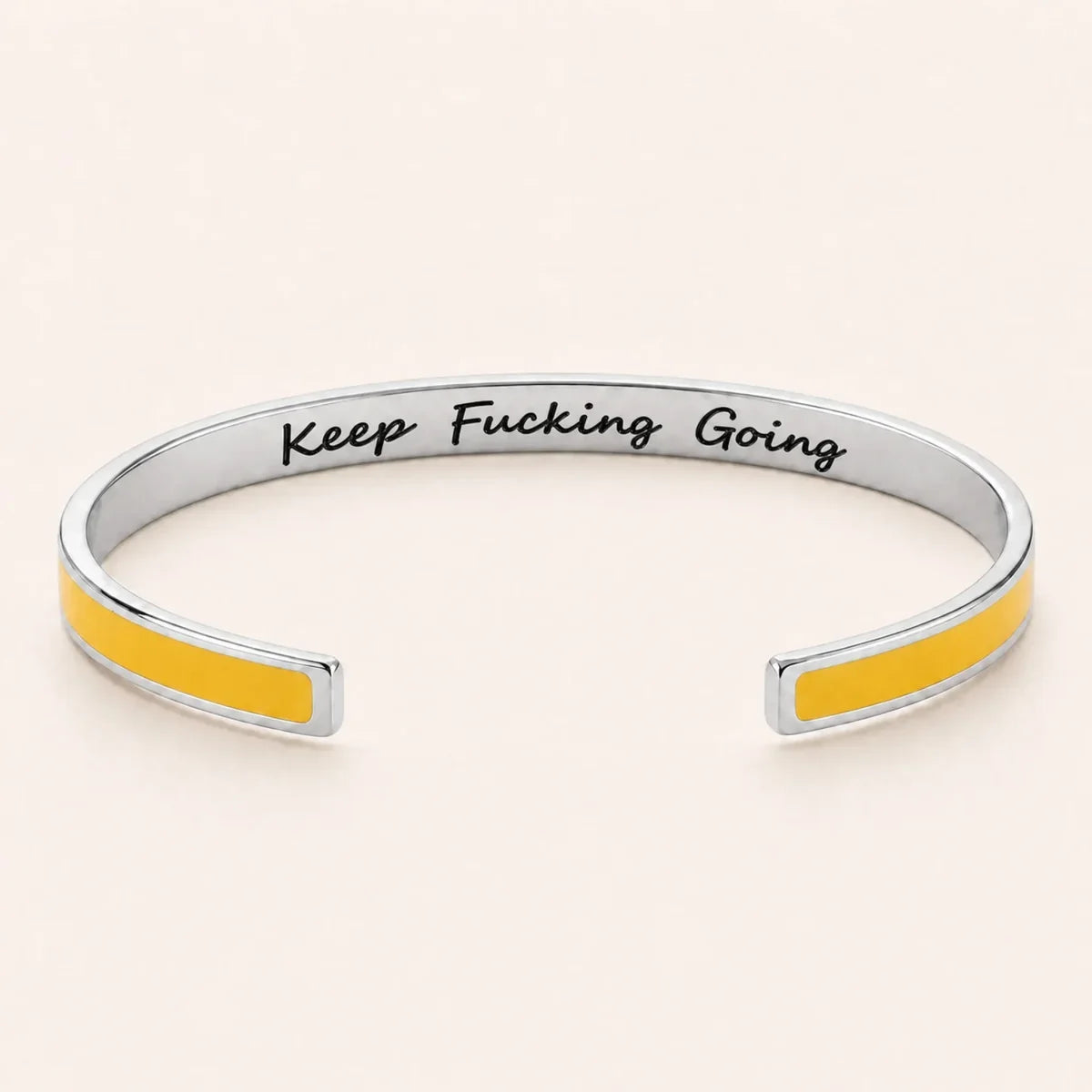 Keep Fucking Going cuff bracelet - Silver finish, Yellow enamel, full quote