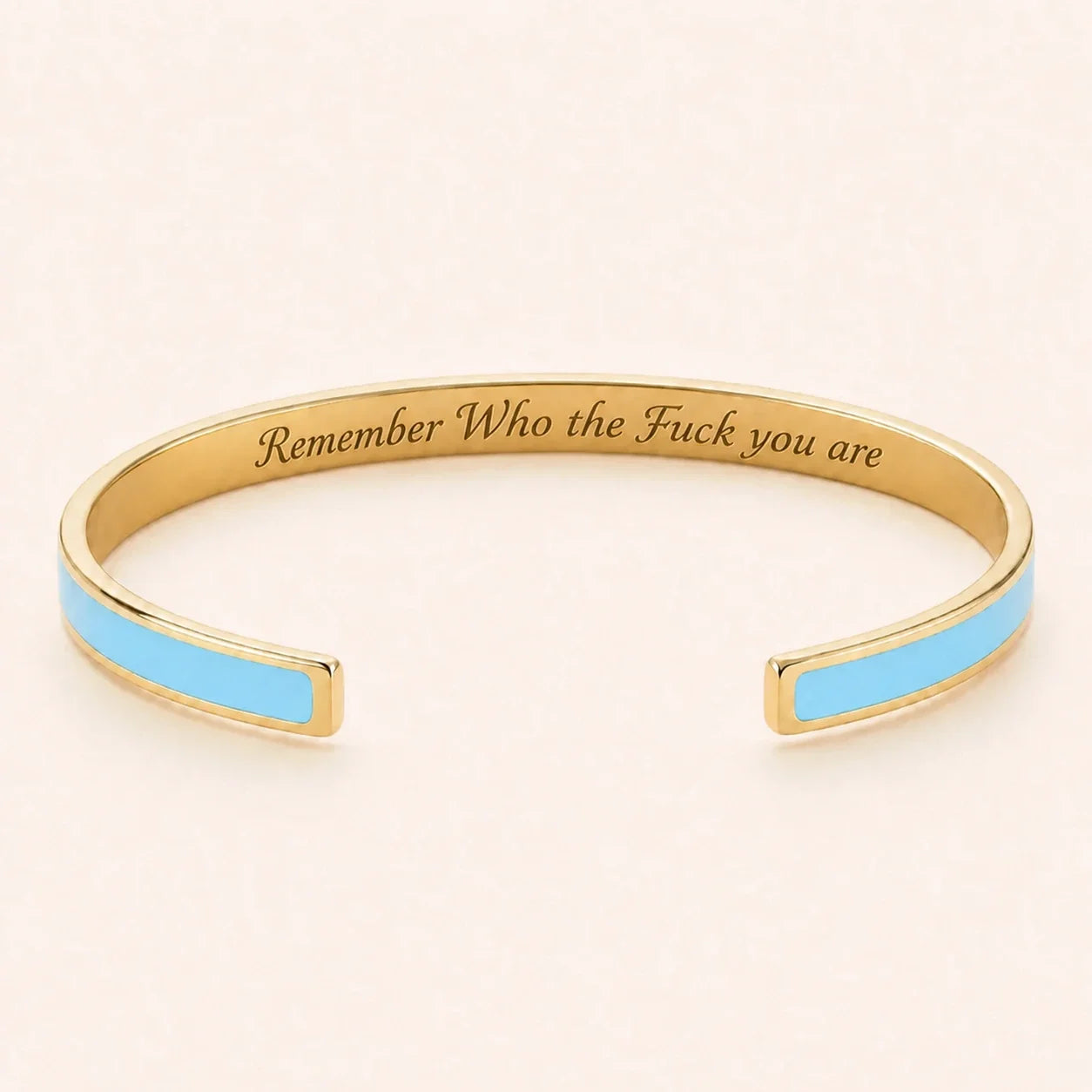 Remember Who the Fuck you are cuff bracelet - Gold finish, Blue enamel, full quote