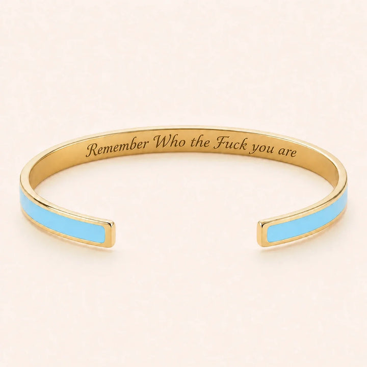 Remember Who the Fuck you are cuff bracelet - Gold finish, Blue enamel, full quote