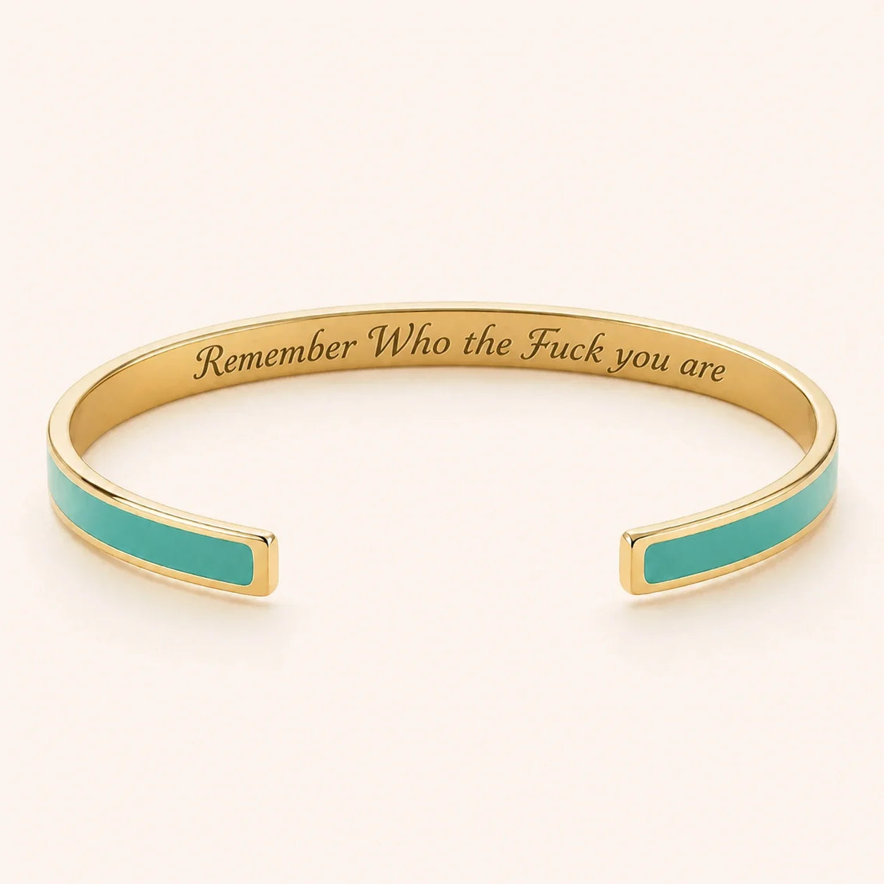 Remember Who the Fuck you are cuff bracelet - Gold finish, Green enamel, full quote