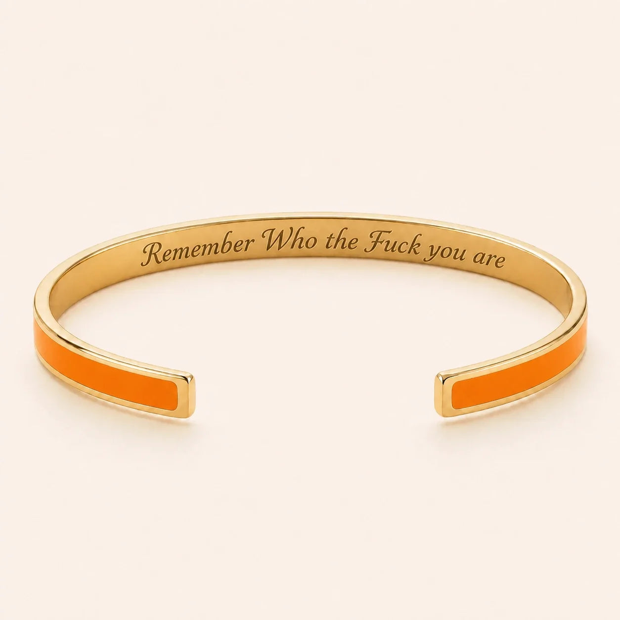 Remember Who the Fuck you are cuff bracelet - Gold finish, Orange enamel, full quote