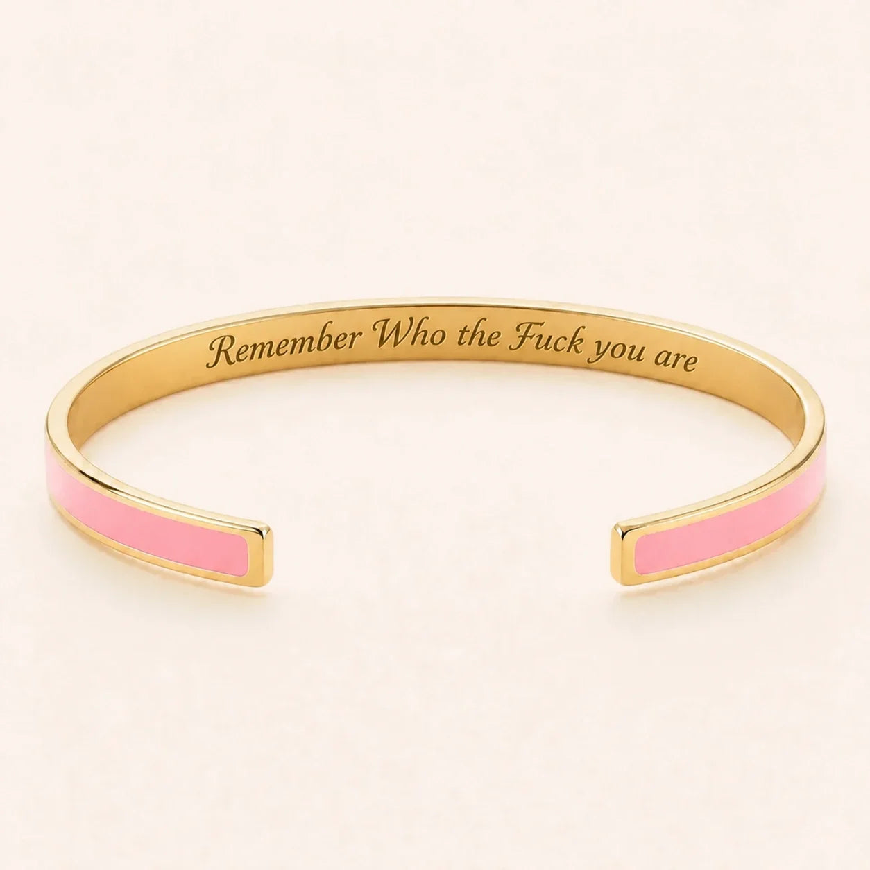 Remember Who the Fuck you are cuff bracelet - Gold finish, Pink enamel, full quote