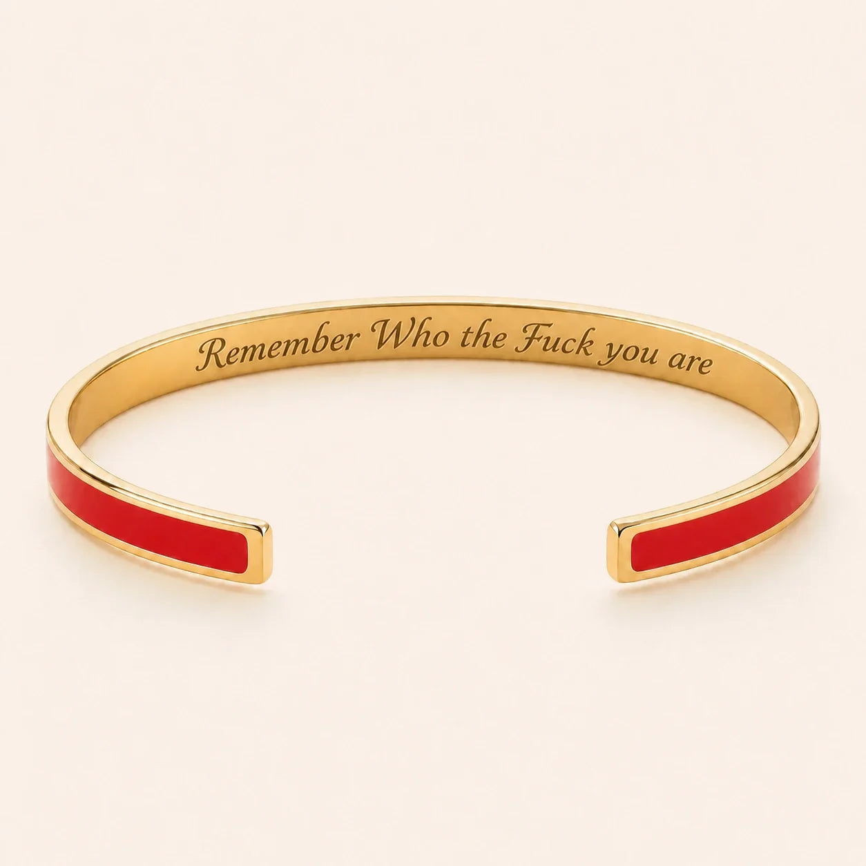 Remember Who the Fuck you are cuff bracelet - Gold finish, Red enamel, full quote