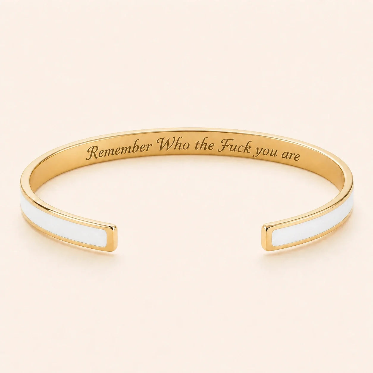 Remember Who the Fuck you are cuff bracelet - Gold finish, White enamel, full quote
