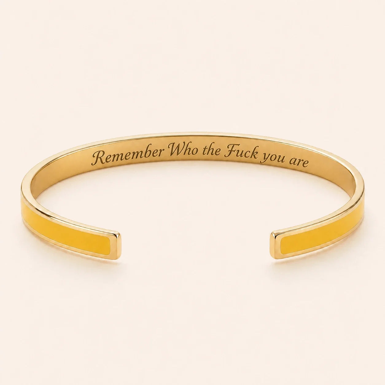 Remember Who the Fuck you are cuff bracelet - Gold finish, Yellow enamel, full quote