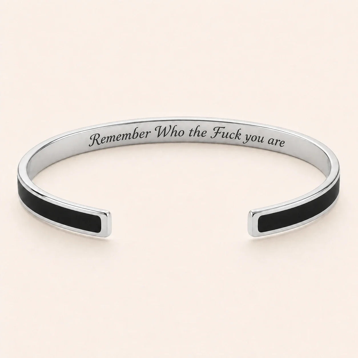 Remember Who the Fuck you are cuff bracelet - Silver finish, Black enamel, full quote