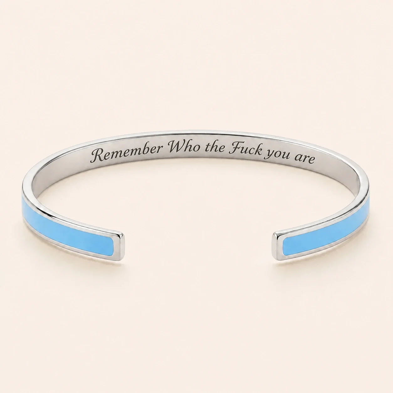 Remember Who the Fuck you are cuff bracelet - Silver finish, Blue enamel, full quote
