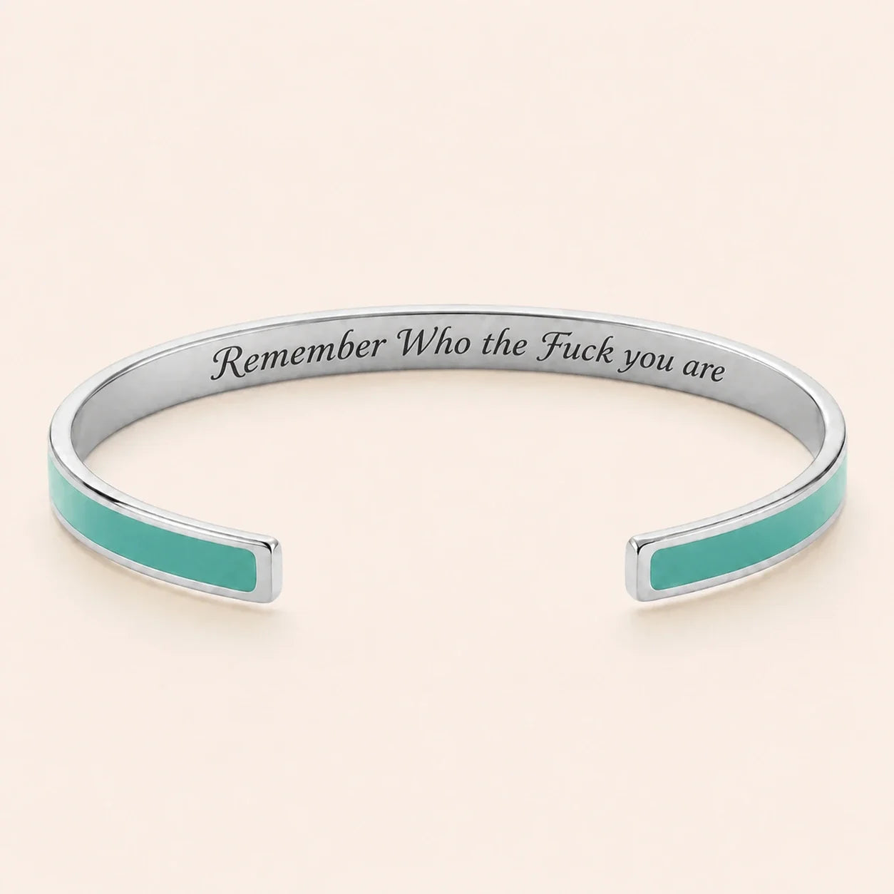 Remember Who the Fuck you are cuff bracelet - Silver finish, Green enamel, full quote