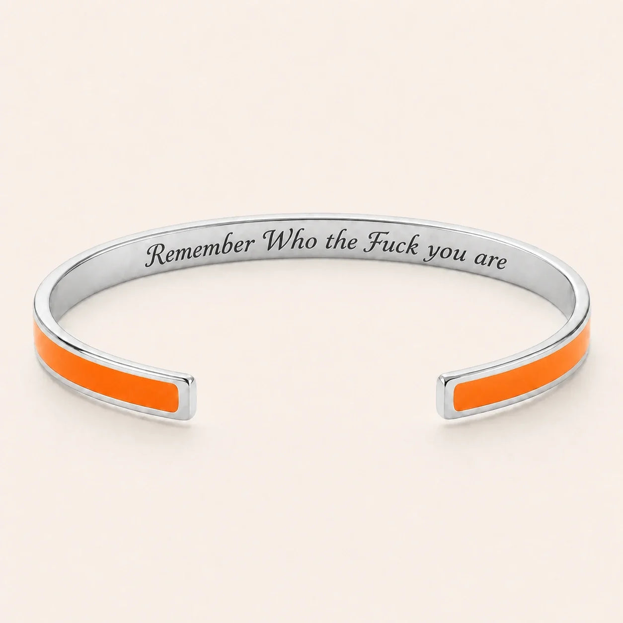 Remember Who the Fuck you are cuff bracelet - Silver finish, Orange enamel, full quote