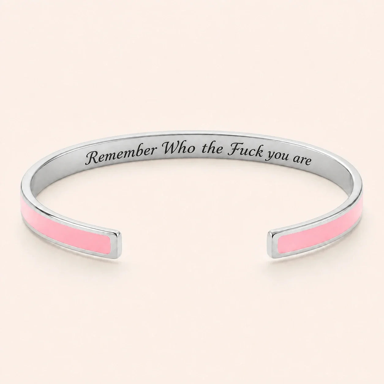 Remember Who the Fuck you are cuff bracelet - Silver finish, Pink enamel, full quote