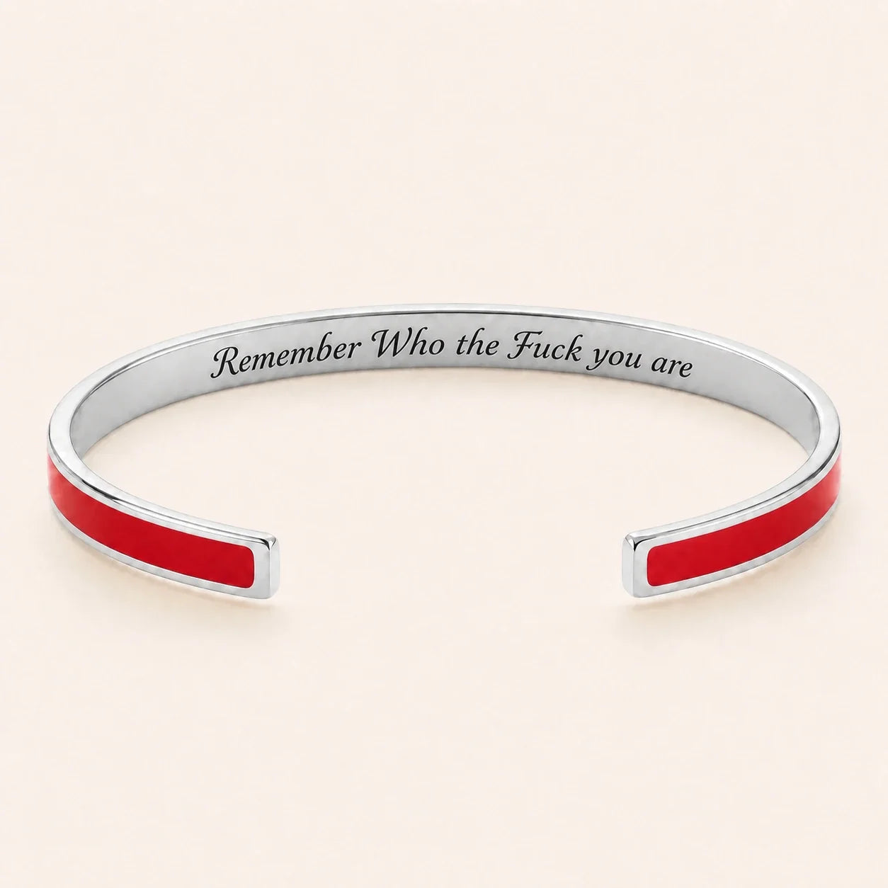 Remember Who the Fuck you are cuff bracelet - Silver finish, Red enamel, full quote