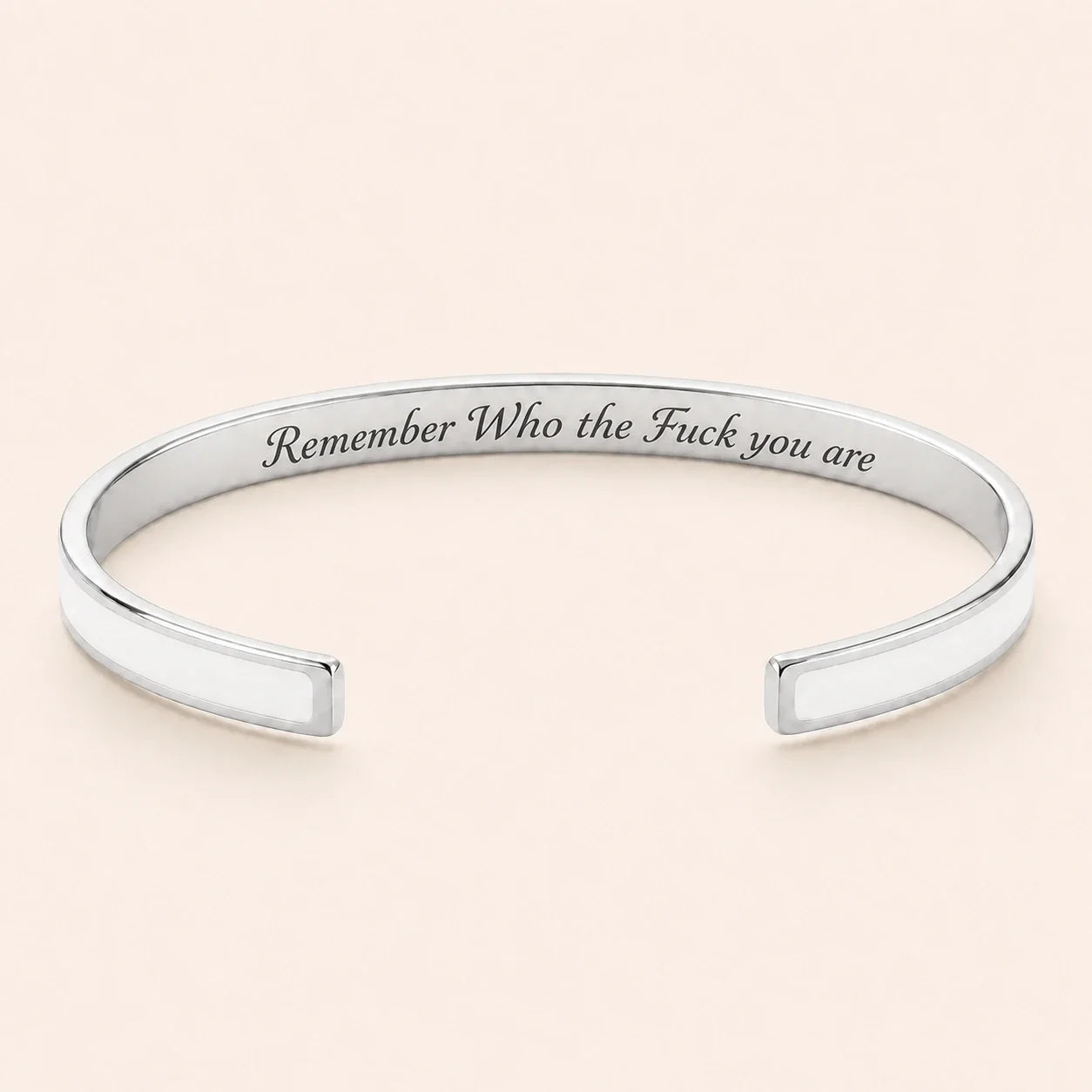 Remember Who the Fuck you are cuff bracelet - Silver finish, White enamel, full quote