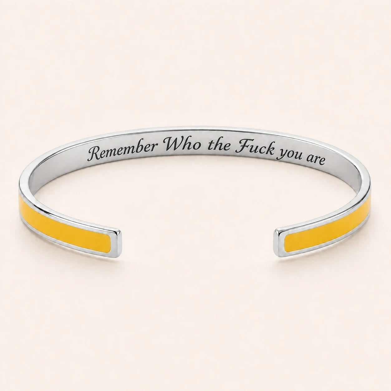 Remember Who the Fuck you are cuff bracelet - Silver finish, Yellow enamel, full quote