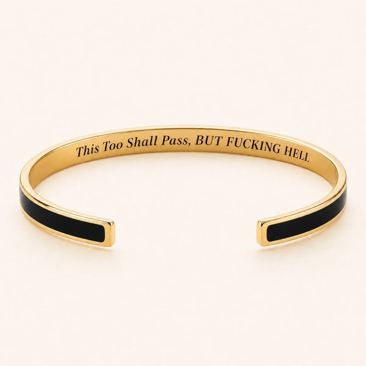 This Too Shall Pass cuff bracelet — Gold finish, Black enamel, full quote