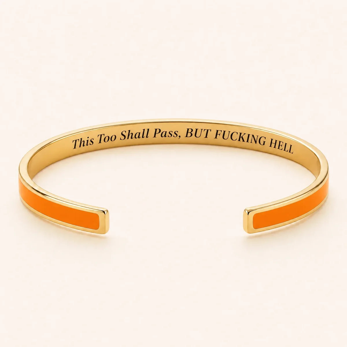 This Too Shall Pass cuff bracelet — Gold finish, Orange enamel, full quote