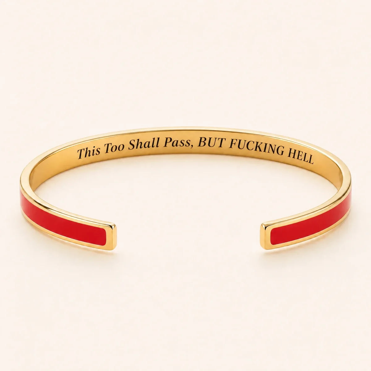 This Too Shall Pass cuff bracelet — Gold finish, Red enamel, full quote