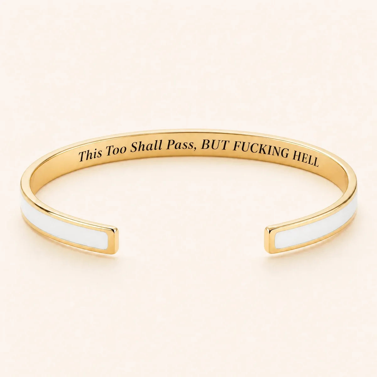 This Too Shall Pass cuff bracelet — Gold finish, White enamel, full quote